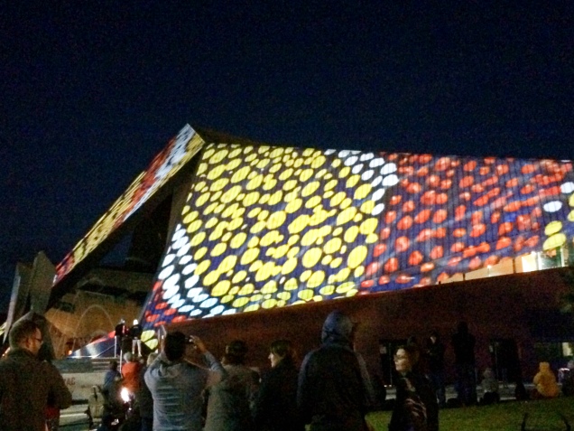The light show on the side of the Entertainment Centre, 31 Oct 2014.